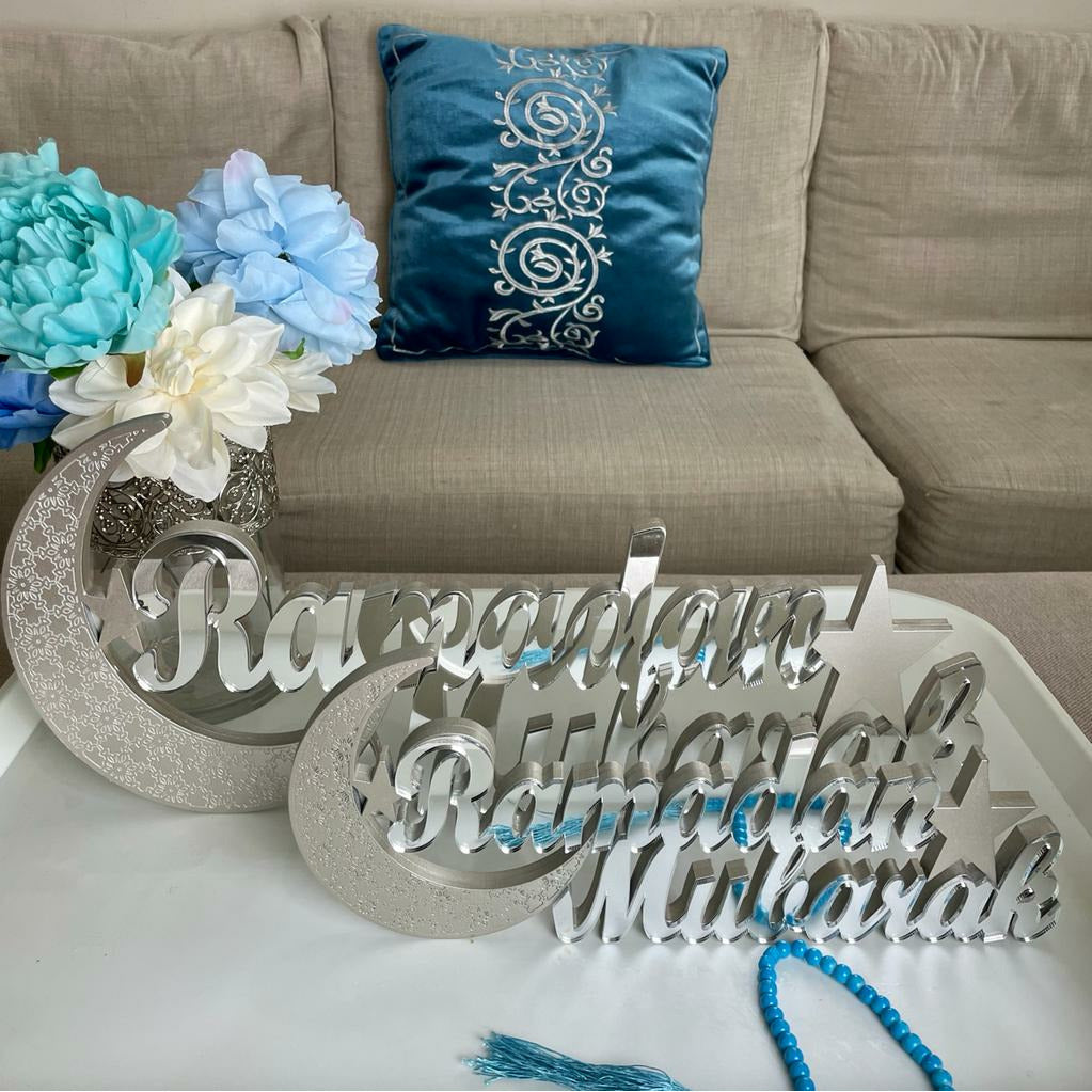 Ramadan Mubarak Table Sign - Large - Silver Mirror