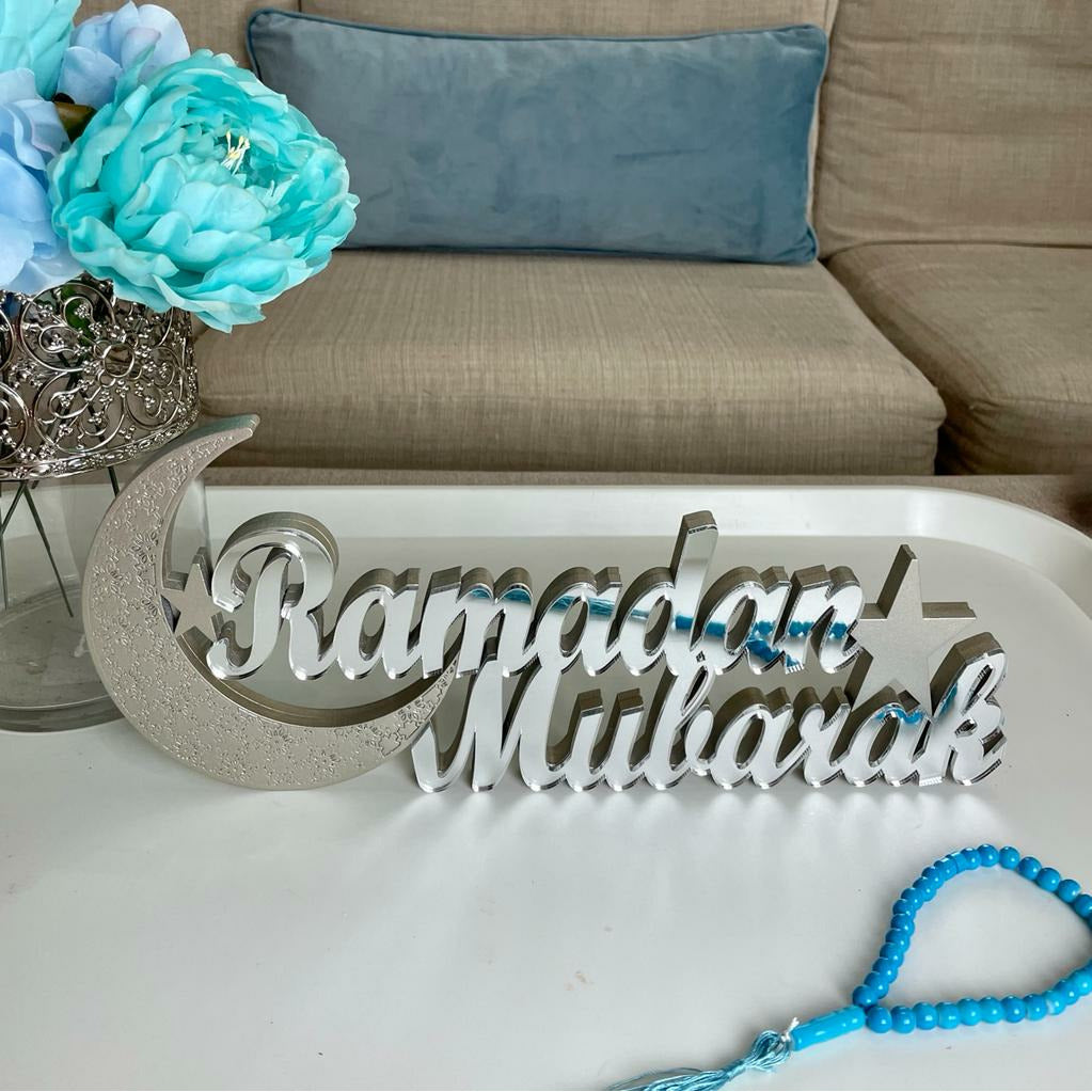 Ramadan Mubarak Table Sign - Small - Silver Mirror